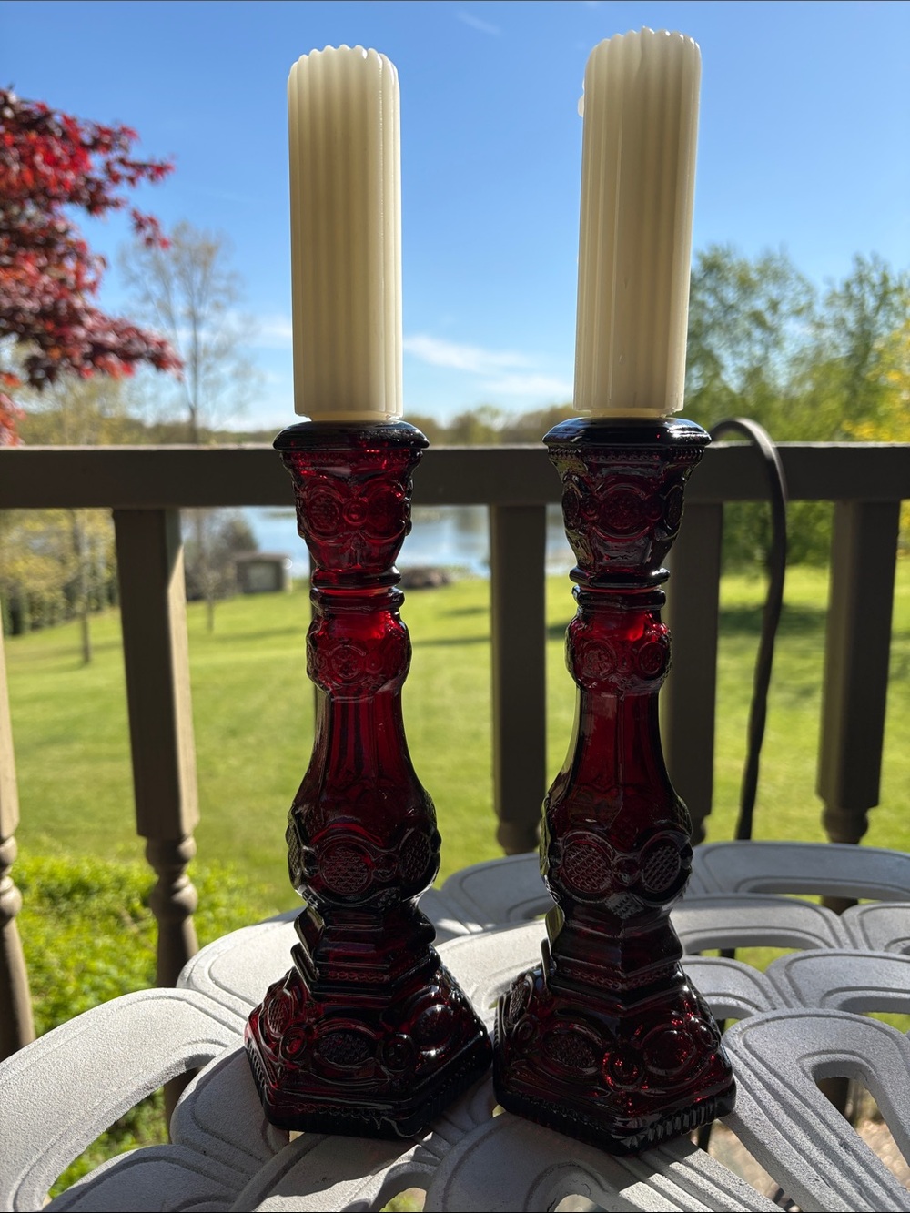 Avon Cape Cod Vintage-Style Ruby Red Glass Candlesticks holders set. - Picture 2 of 7